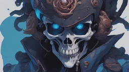 a close up of a person with a skull on their head, blue and black colors, anime skull portrait man, scary detailed art in color, hiroyuki-mitsume takahashi, nychos art aesthetic, half man half skeleton, anime cyberpunk art, colored manga art, rossdraws pastel vibrant, hot colors. insanely detailed, beautiful anime portrait, stunning anime face portrait, scary art in color