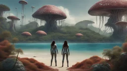 detailed matte painting of a wide-angle shot of a woman standing on the right-hand side of an alien beach, with dark hair in a silver robotic catsuit, many floating mushrooms with jellyfish tentacles, alien jungle trees in the distance, deep colour