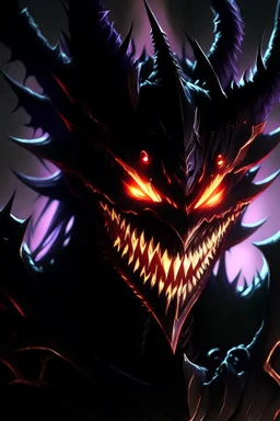 a close up of a demonic creature with glowing eyes, face of an armored villian, discord pfp, venomfang, discord profile picture, evil smile, detailed smiled face, large black smile, smooth anime cg art, wide evil grin, evil smile and glowing eyes, dark phantasy, evil knight, overlord season 4, sharp black armor, carnage fangs