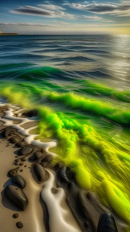 illustrate water pollution that cause by the sea. Best Quality,hyper realistic photography, Nikon Z7ii camera, with colour, Detailed