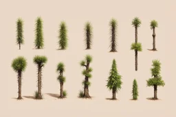 "Isolated concept art of multiple types of alien tree plant on a plain neutral background. Designed for Desert biome – dry, spiky, brittle grass with sharp edges, and pale dusty colors