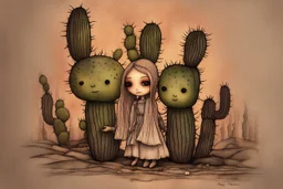 closeup, so much fluff, Cute chibi cacti fairy, painted and burned burlap, moonlight, styles of H. R. Giger, Paul Klee Dee Nickerson and Tim Burton, melting watercolor and black ink outlines on wet paper, soft, shading strokes, in candlelight, ethereal, otherwordly, cinematic postprocessing, bokeh, dof, S<AI