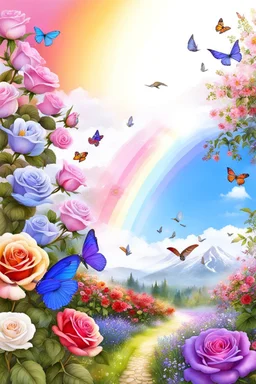 Trés belles roses, rainbows, beautiful colors gardens , flowers, cascades,Birds, butterfly