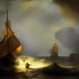 Rembrandt Snowstorm glowing lights ocean