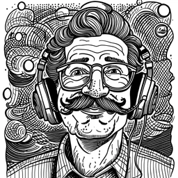 black ink on white paper illustration in the style of Robert Crumb, image of a very happy man with a mustache and glasses wearing over-ear headphones, blissfully receiving waves of love from the universe