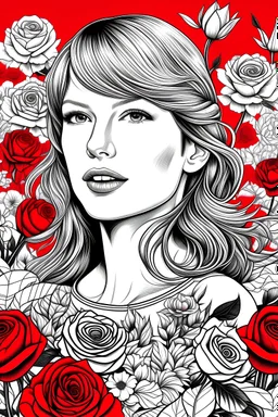 Generate a black and white coloring page capturing the essence of Taylor Swift's "Red" album, with vibrant red hues and romantic imagery like roses, hearts, and love letters.