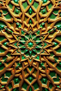 The digital illustration showcases intricate Islamic geometric 3D embossed patterns, with a mesmerizing blend of symmetry and depth. The main focus is a mesmerizing mosaic of interlocking shapes, rich in deep shades of gold and emerald. This stunning image, reminiscent of a finely crafted tapestry, captures the essence of traditional Islamic art with a modern twist. The meticulous details and vibrant colors make this artwork a true masterpiece, radiating a sense of elegance and sophistication.