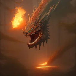 cinematic dragon, chrome teeth, blazing forest fire by paul bonner