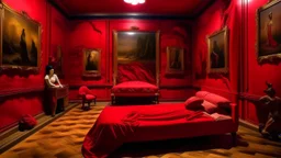 Room fully covered in red velvet fabric, identical walls floor and ceiling, a low bed in the center with a lying figure, warm light with no visible source, surreal painting style of Salvador Dalí.