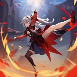 Clear focus,High resolution, black long hair, Vibrant red eyes, Genshin impact inspired outfit, wearing a short skirt, kicking pose, full body, jumping