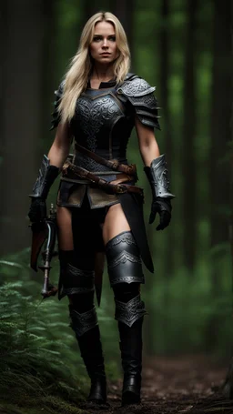 blonde female hunter wearing leather half armour dark fantasy Realistic 4k