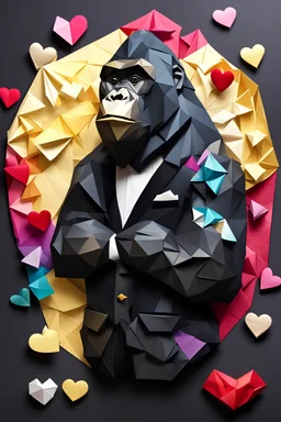 close up of a low poly origami of golden reflective metallic over size couple of gorilla wearing black tuxedo adn dress giving felt art patchwork depict valentine day emotion including rainbow to female gorilla