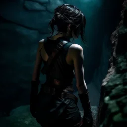 a beautiful dark haired tiefling woman in a sleeveless battle outfit, seen from the back, at the edge of a precipice in the dark, ready to jump, photo quality, dark colors