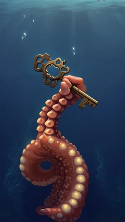 An octopus tentacle reaching out from the depths, holding an ancient key, flickering with light. It may be dark all around, but the key itself is bright and clear.