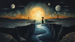 painted inner world with neurodivergens mind and soul, floating doors over surreal cracked weird landscape . one thin bridge over big black river, alone human woman figure black shilutte in big hat in neuoron web. deep dark colors, with silver and black. Whimsical strange style of Chagall, and of Anton Semenov. weird absurd beauty nightmare, black shadows, in background cyber neuronic network, surreal vibe, nightmare