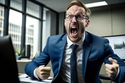 corporate man in office i screaming at employees. Swedish looks