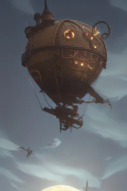 steampunk airship under the moon