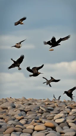 There are many birds in the sky, carrying stones in their feet and beaks