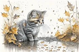 Cute soft contented kitten sweeping autumn leaves from the dirt road in the forest, reflecting water, misty morning sky, intricate zentangle, muted colours, employ golden ratio, elegant, intricate, very beautiful, high definition, hdr, pencil sketch, ultra realistic, ink, wet on wet watercolor, sparkling background