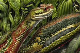 Hybrid 50% animal 50% plant: king cobra (Oipohagus hannah) x Jack-in-the-Pulpit (Arisaema triphyllum) Full width 16:9 close-up illustration filling the entire image width of a hybrid king cobra (Oipohagus hannah) x Jack-in-the-Pulpit (Arisaema triphyllum) creature against a lush forest background. The hybrid has a large, hooded flower with smooth, scaly, green-and-burgundy stripes that is simultaneously the head of a king cobra ready to strike. The upper part of the hood appears to have eyes, an