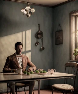 Ultra realistic photographic portrait, elegant Marcello Mastroianni man sitting with arms resting on Italian kitchen table, pretty tortellini dish, retro dress by 1960, suit, classic style decoration, cold, soft color, highly detailed, unreal engine 5, ray tracing, RTX, lumen lighting, ultra detail, volumetric lighting, high definition.