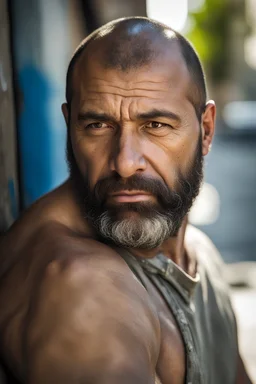 close up photography of an ugly 40 year old stocky big robust burly marocan homeless, wearing his work pants, shirtless, leaning with his back on the wall, crossing arms, dirty, sweat, wet, ajar mouth, hairy chest, , very virile, short beard, shaved hair,, , in a sunny street, photorealistic , frontal view from the ground