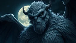 closeup big stocky gray furry monster man with dark wings, night, full moon, 8k, high quality, trending art, trending on artstation, sharp focus, studio photo, intricate details, highly detailed, by greg rutkowski