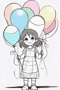 A round-faced little girl happily holding a bunch of colorful balloons. Circles can be used to depict the balloons, her eyes, and the sun in the background. very happy , Colloring page for todlliers ; basic hawali style cartoon , black and white , ink outlines , , smooth , anime style , minimalist , cute eyes , full body , white shose , sketchbook , realistic sketch , free lines , on paper , character sheet , clean line art high detailed