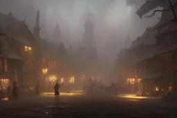 medieval fantasy poor village, rainy, stormy, dark, market, tavern, dirt path, lightning, misty