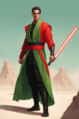 Full Muscular Body, Male Tan Human, Red Bandage Blindfold covering his eyes. Green and Black Robes, Red Crossgaurd Lightsaber, HD