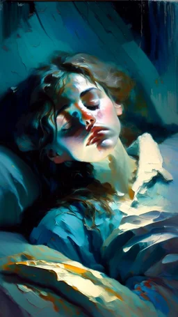 impressionism-style painting of someone trying to sleep but can’t because of dreams