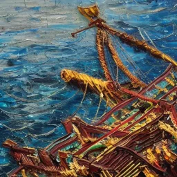 The beautiful pirate ship in the ocean, complex, incomprehensible, 3D, bulky, symmetrical, artistic, 4K, 8K, by Jackson Pollock, a living, real and natural work