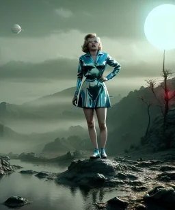 Ultra Realistic retro sci-fi 1960 scene, waist up view portrait, blonde woman, sweet young Marilyn Monroe face, perfect iris, tight latex coat, alien planet background, tight style, steel sphere dron levitating, fog, rain, soft color, highly detailed, unreal engine 5, ray tracing, RTX, lumen lighting, ultra detail, volumetric lighting, 3d, finely drawn, high definition, high resolution.