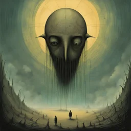 Looking inward, soul blister, surreal style by Zdzislaw Beksinski and Shaun Tan, smooth, sinister, neo surrealism, venn diagram shape, color illustration, artistic, atmosphere of a Wilfredo Lam nightmare