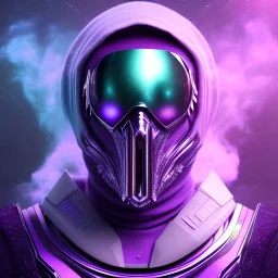 portrait of purple masked villain in galaxy, futuristic, teal and purple smoke, full portrait, hyper realistic, 4k, detailed