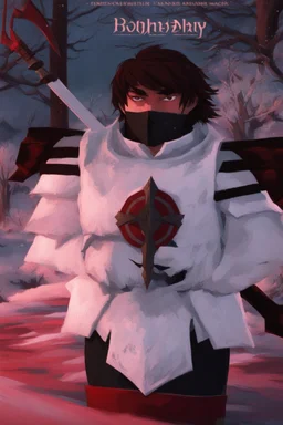 The character, depicted in a striking white armour against a wintry backdrop stands with his hands behind his back inside the scene, he has a red and black circular symbol on his chest like a shield, a black pointed spear with a red handle on his back, His eyes are showing a dynamic expression and he wears a black oni mask with white teeth covering the bottom part of his mouth he has brown shoulder pads and a white belt with a bag attached to it. He has dark brown hair, he does not wear a helmet