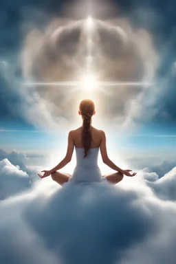 Beautiful meditating Woman connected with space and spirit in clouds and heaven