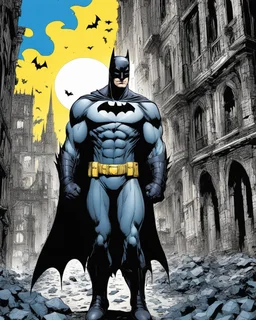 Batman cómic in gothic city. Black, white, blue and yellow colors.