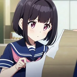 Clear focus, High resolution, A anime teenager, anime screencap, black medium length hair, hair cut in pieces, pink eyes, wearing a sailor uniform, blushing