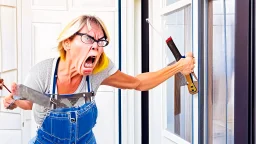 lady angry with contractor installing the screen door