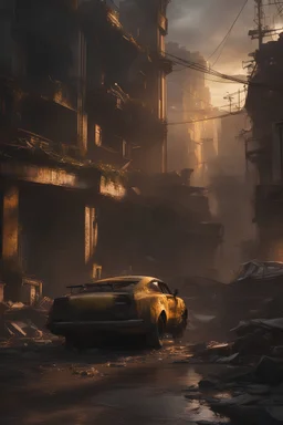 TA Photorealistic Hyper-Detailed Rendering Sinister And Dark Colored Post-Apocalyptic City Ruined By Zombies, Dark Fantasy, Eerie Yellow Ambience, Unreal Engine 5, Horror, High Resolution, Detailed Digital Art, Painting By Vladimir Manyuhin, Greg Rutkowski, And Anne Stokes, Unreal Engine, 8k