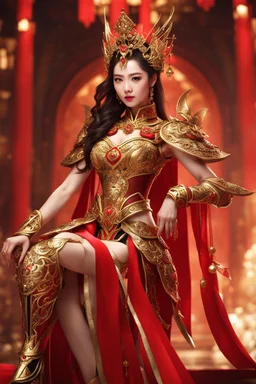 Realistic photography,front_view, Beautiful Queen fairy super model Chinese Woman, brown hair,dressing luxury party gown,looking at viewer,traditional dress ornaments mechanical armor china traditional, intricate armor, delicate golden shine bright, black metalic parts, detailed part, jewelry diamonds,dynamic pose,abstrac background, dynamic lighting, red hour, full body portrait