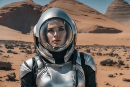 photo of a Sci-fi woman, wearing a silver and black spacesuit looking like an android with no helmet, on an alien planet