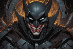 Cover eyes, The batman who laughs model, 8k comic book artstyle, cover eyes, evil laugh smile, darkness them, close picture, apocalypse, intricate details, highly detailed, high details, detailed portrait, masterpiece,ultra detailed, ultra quality