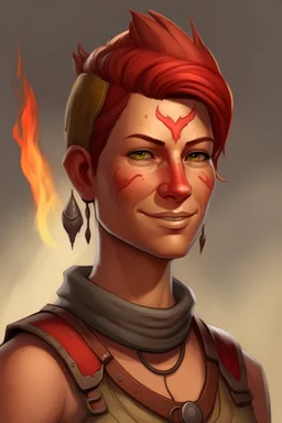 a female fire genasi archaeologist with tanned skin, a red mullet haircut