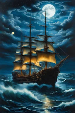 A breathtaking and hyperrealistic painting titled 'Gleaming Galleons,' depicting majestic ships sailing through the murky, frigid waters of the North Sea. The galleons, with their intricate details and gleaming hulls, cut through the cold waves under a radiant, full moon that casts a shimmering glow across the water. The moonlight reflects beautifully on the dark, choppy sea, creating a striking contrast between light and shadow. Above, a mysterious and stunning starry sky stretches across the c