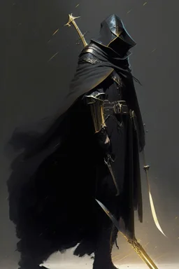 A commander with a black cloak and a long coat with long combat boots and a long spear with his Helmet is golden under his cloak like assasins