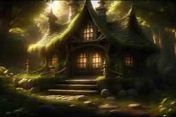 Elve family, a elve house, located in a magical forest, realistic detail, high resolution.