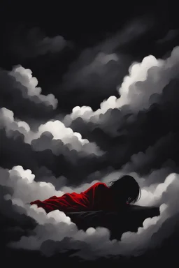 Silhouette, a girl sleeping in the clouds, moody sad dark atmosphere, black background, dark paintbrush, Red over black, 2D