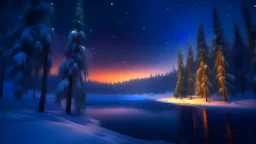 christmas time,photo of a snowy fir forest,christmas trees,, midnight hour,fireflies,lakeside,8k, volumetric lighting, Dramatic scene,splash color,